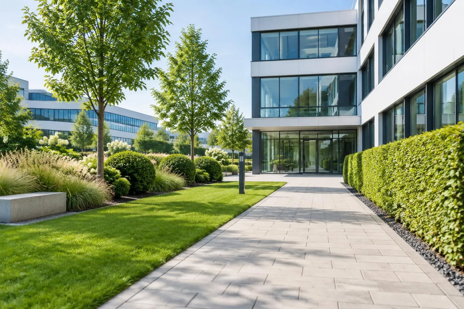Gepflegte Außenanlage mit Weg, Rasen und Hecke an einem Gewerbeobjekt