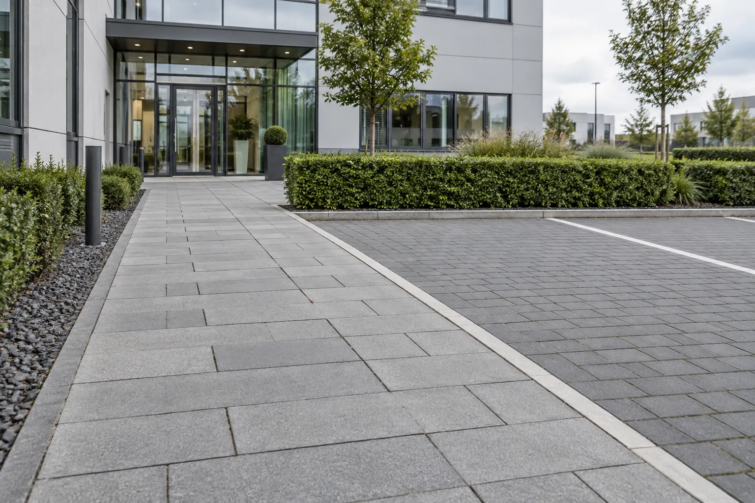Gepflasterter Vorplatz mit Gehweg und Stellflächen vor einem Bürogebäude