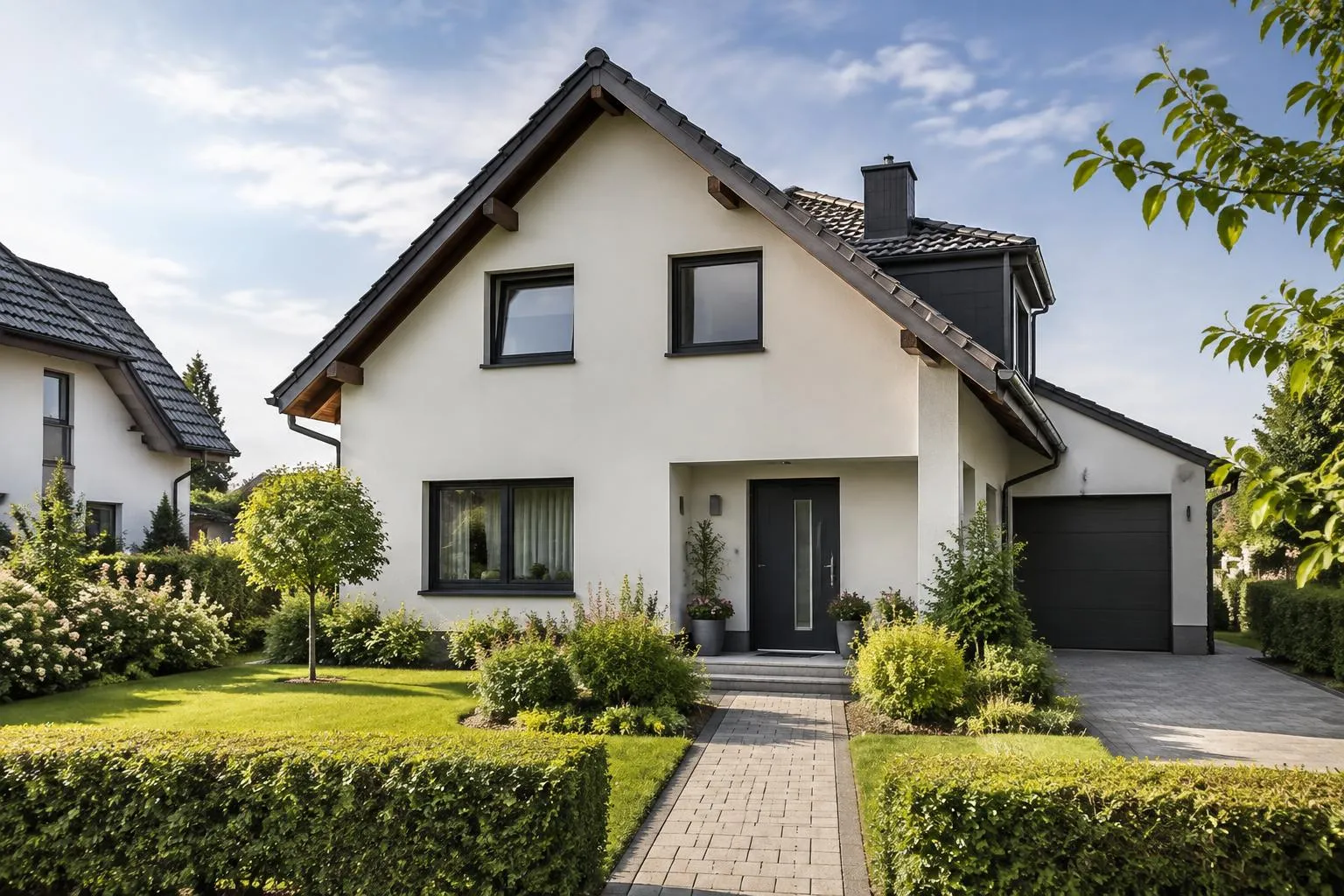 Einfamilienhaus mit gepflegtem Vorgarten, Rasen und geschnittener Hecke